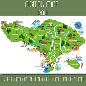 DIGITALE illustrierte Landkarte von Bali / Kunst / Handbeschriftete Landkarte / Mappa di BALI / Landkarte in Aquarell / Landkarte