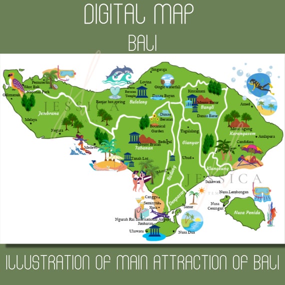Bali Illustrated Map Art Print: Travel Wall Decor (digital