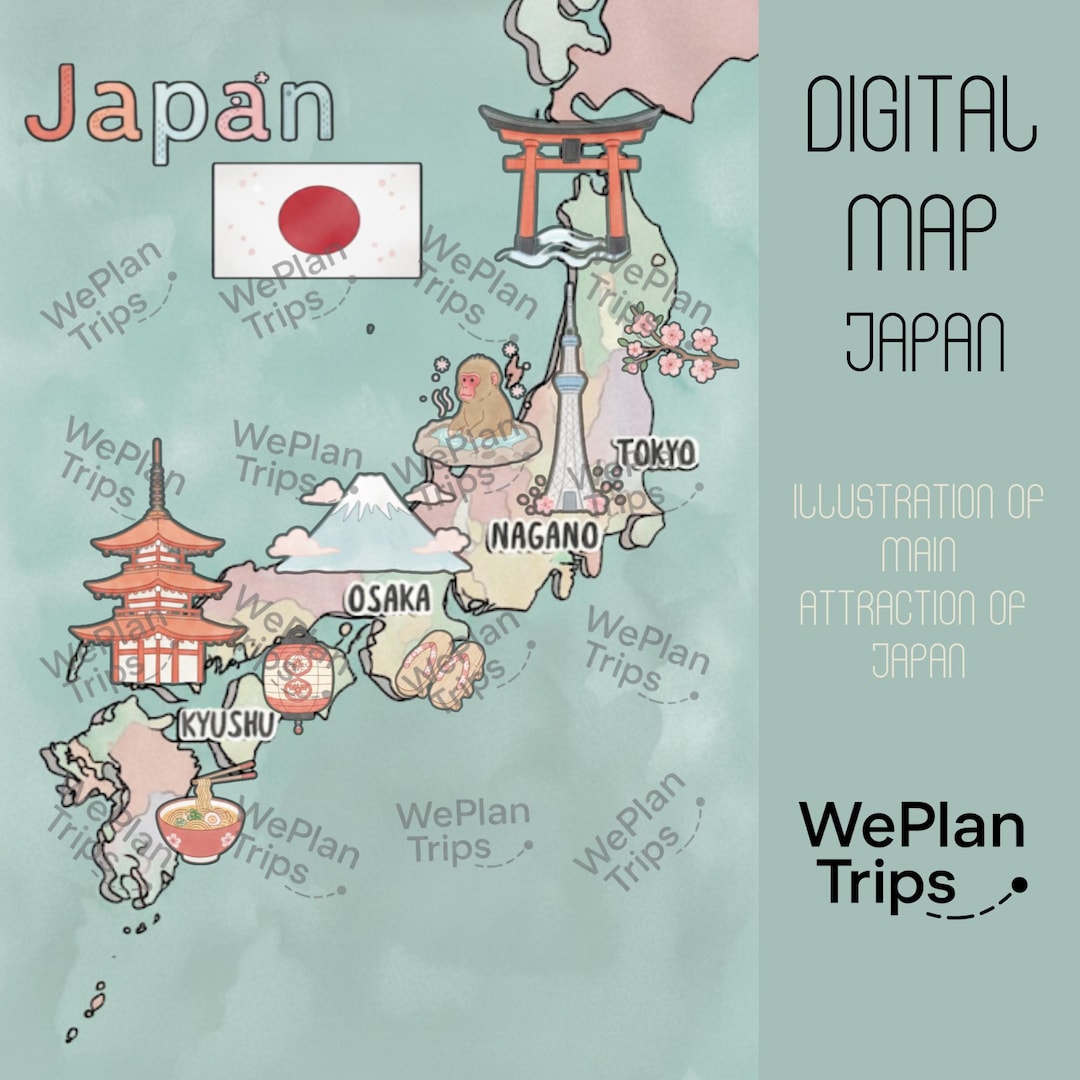 Kawaii Japan Travel Map | Illustrated Landmarks Art (digital