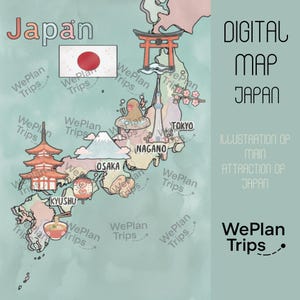 Può includere: Mappa digitale del Giappone con illustrazioni delle principali attrazioni, tra cui una pagoda, il Monte Fuji e un cancello torii. Il testo "DIGITAL MAP JAPAN" e "WePlan Trips" è presente. La parola "Japan" è anche visualizzata.