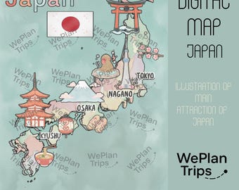 Kawaii Japan-resekarta | Illustrerad landmärkeskonst (digital nedladdning)