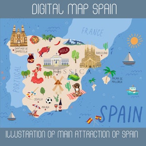 DIGITAL Spagna Mappa illustrata stampabile / Stampa artistica da parete / Stampa di viaggio / Mappa scritta a mano / Mappa Spagna / Mappa acquerello / Decorazione murale