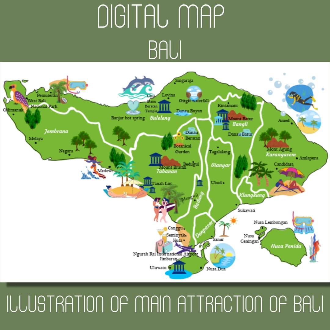 DIGITAL Bali Illustrated Map Printable / Wall Art Print / Etsy