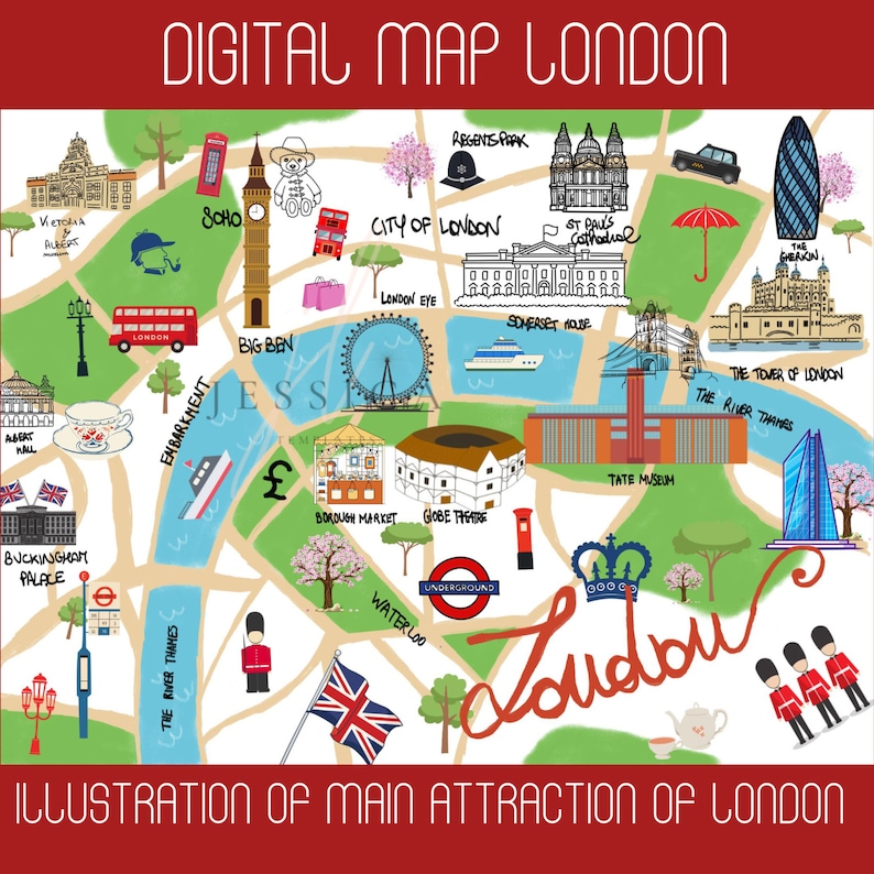 DIGITAL London Illustrated Map Printable / Wall Art Print / Travel Print/ Hand Lettered Map ...