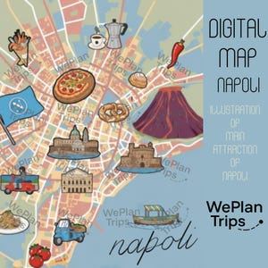 Pode incluir: Mapa digital de Nápoles com ilustrações de atrações locais, incluindo um vulcão, pizza e uma bandeira. O mapa está rotulado como "WePlan Trips" e inclui o texto "Napoli".