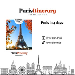 Puede incluir: Gráfico promocional para "ParisItinerary" con la Torre Eiffel y hojas de otoño. El texto dice "Paris in 4 days" y detalles de redes sociales. Un dibujo lineal de monumentos parisinos está en la parte inferior.