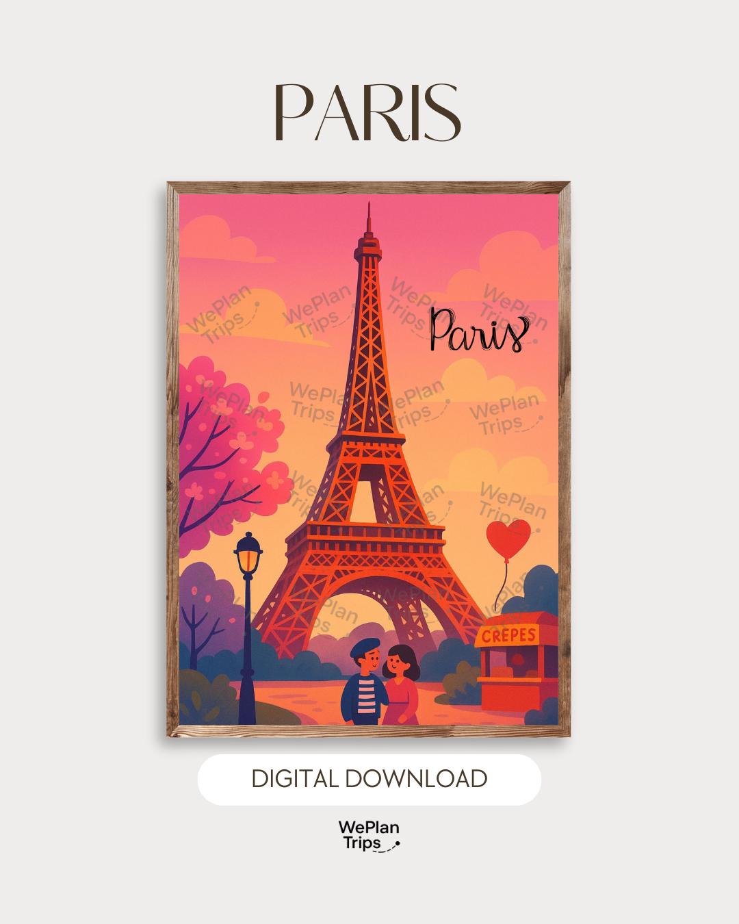エッフェル塔プリント：パリ旅行ポスター、モダンイラスト（デジタル