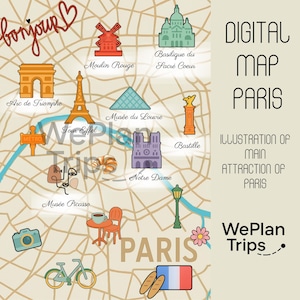 Op de afbeelding: Een digitale kaart van Parijs met illustraties van bekende bezienswaardigheden zoals de Eiffeltoren, de Arc de Triomphe en Notre Dame. De kaart bevat de tekst "DIGITAL MAP PARIS" en "ILLUSTRATION OF MAIN ATTRACTION OF PARIS".