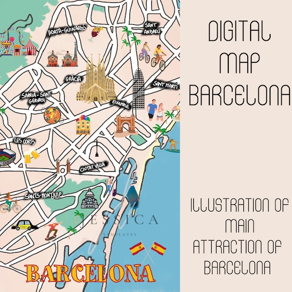 DIGITAL Barcelona Illustrated Map Printable /Wall art print /Travel print /Hand Lettered Map/ Mappa di Barcellona/Watercolour Map/Wall decor