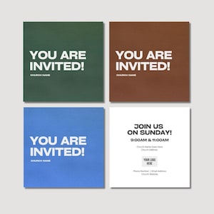 Pode incluir: Quatro cart&otilde;es de convite quadrados com texto branco em negrito. Tr&ecirc;s cart&otilde;es s&atilde;o s&oacute;lidos nas cores verde, marrom e azul com o texto YOU ARE INVITED! CHURCH NAME. O quarto cart&atilde;o branco exibe JOIN US ON SUNDAY! 9:00AM & 11:00AM, espa&ccedil;os para detalhes e YOUR LOGO HERE.