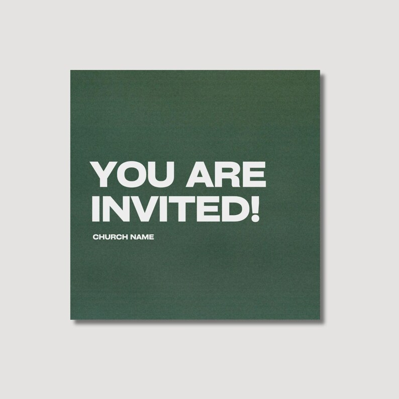 Pode incluir: Um cart&atilde;o de convite quadrado com um fundo verde floresta escuro. O texto em letras mai&uacute;sculas brancas em negrito diz YOU ARE INVITED!, seguido pelo texto branco menor CHURCH NAME posicionado diretamente abaixo do t&iacute;tulo principal.
