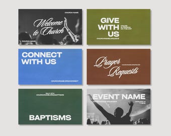 Pode incluir: Seis cartões retangulares com informações da igreja. Os cartões exibem texto incluindo Welcome to Church, Give With Us, Connect With Us, Prayer Requests, Baptisms e Event Name, ao lado de imagens em preto e branco de pessoas.