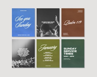 Pode incluir: Um conjunto de seis folhetos retangulares de anúncio de igreja em azul, preto e branco, castanho, verde-azeitona e verde-escuro. Os designs apresentam várias tipografias, incluindo o texto See you Sunday, Psalm 1:19, January e Sunday Service Times.