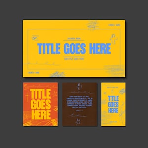 May include: A set of church stationery with a yellow backdrop. The main piece displays the text "TITLE GOES HERE" in blue. Other items include a red and brown card with the same text, and a brown card with text.