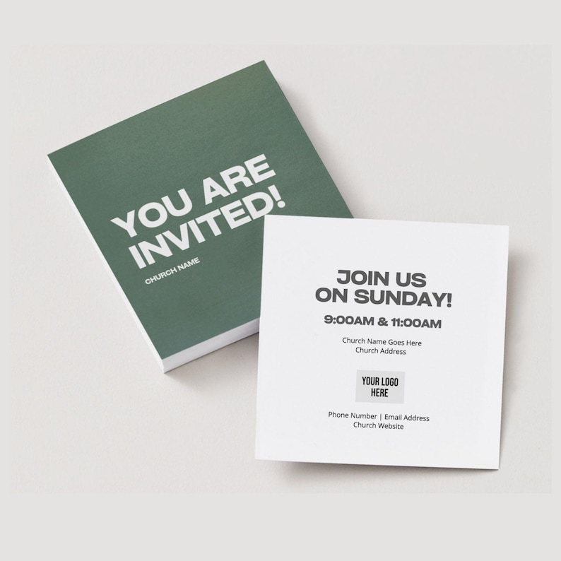 Pode incluir: Dois cart&otilde;es de convite quadrados. O cart&atilde;o superior &eacute; branco com texto preto lendo JOIN US ON SUNDAY! 9:00AM & 11:00AM, Church Name Goes Here, Church Address, YOUR LOGO HERE, Phone Number | Email Address, Church Website. O cart&atilde;o inferior &eacute; verde.
