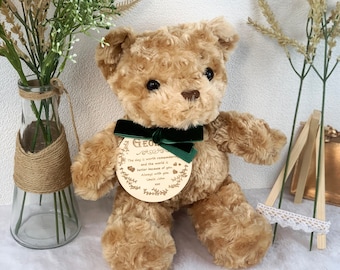 Gepersonaliseerde teddybeer, aangepaste teddy met gegraveerd houten label, gepersonaliseerd zacht speelgoed, pluche gevulde pop, verjaardag teddybeer speelgoedcadeau