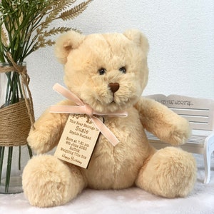 Oso de peluche recién nacido personalizado, oso de peluche personalizado, oso personalizado de peluches, peluche recién nacido con etiqueta de madera grabada, muñecas rellenas imagen 1