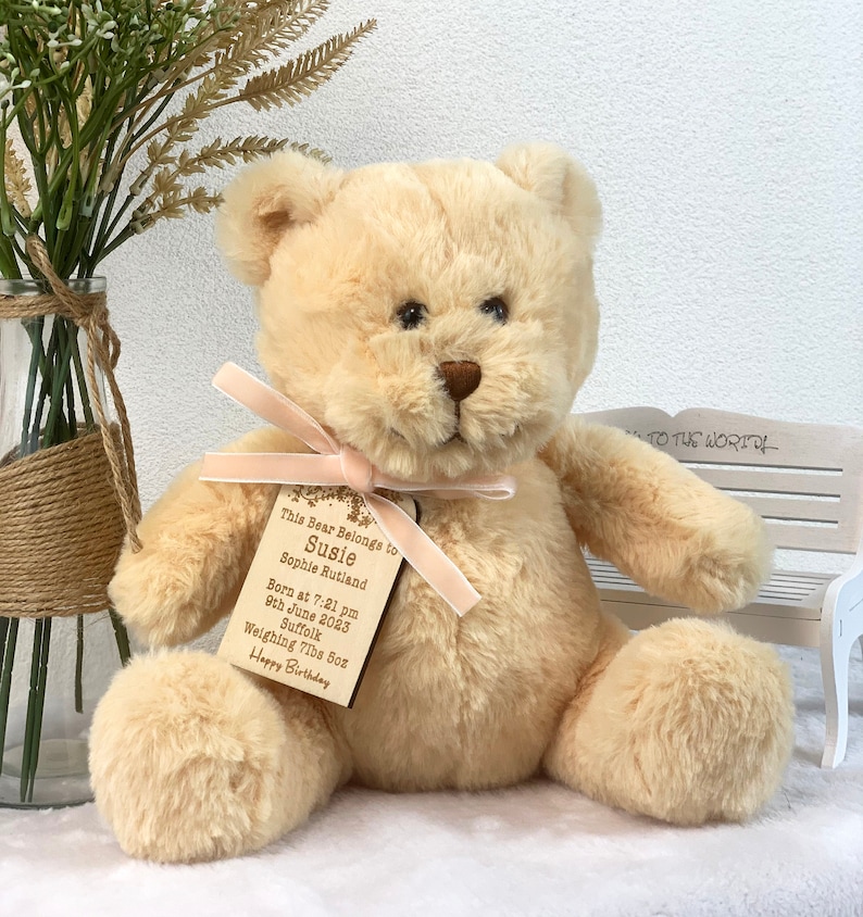 Oso de peluche recién nacido personalizado, oso de peluche personalizado, oso personalizado de peluches, peluche recién nacido con etiqueta de madera grabada, muñecas rellenas imagen 1
