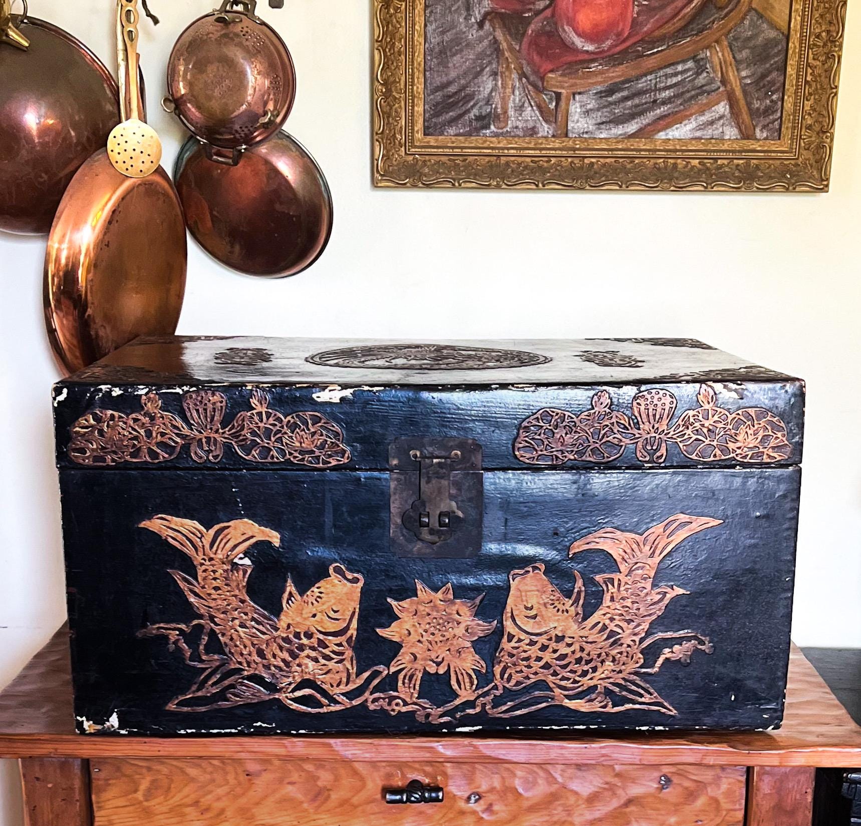 Antique Chinese Cedar Wood Lacquered Gilt Chest - Etsy