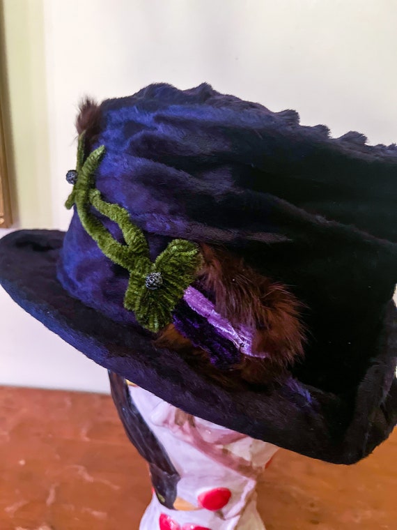 Antique Edwardian Purple Silk Velvet & Flowers Hat - image 10