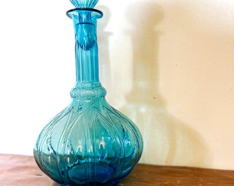 Vintage Ethereal Tulip Blue Empoli Glass Genie Bottle Carafe