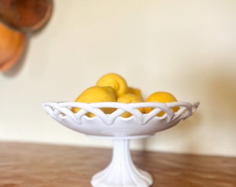 Vintage Pedestal Lattice Milk Glass Fruit Bowl