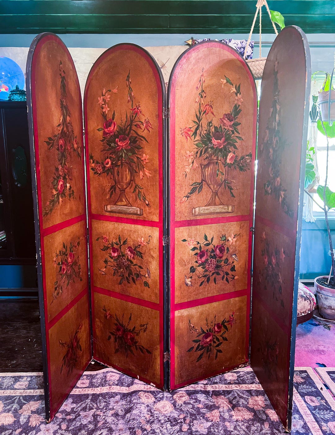 Antique Hand Painted Roses Flowers in Vases Garlands Wood Folding ...