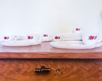 Vintage Rosecrest Milk Glass Teacup & Saucer conjunto de 8 pares