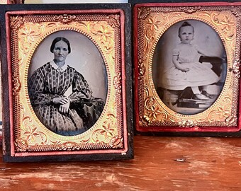 ダゲレオタイプ写真 女性と子供 4枚の1/4インチと6分の1インチの