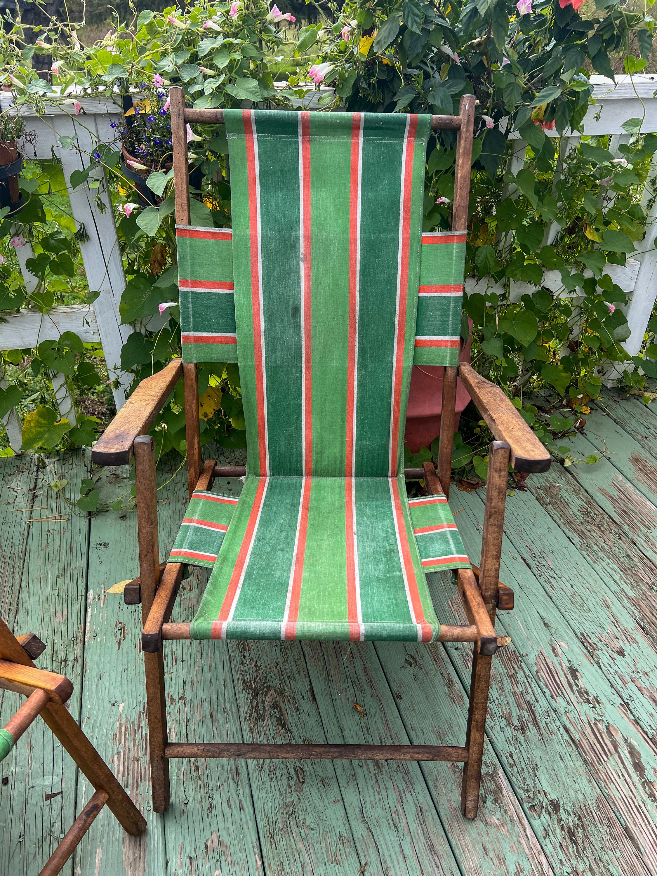 Vintage Mid Century Wood Folding Deck Chairs W/original