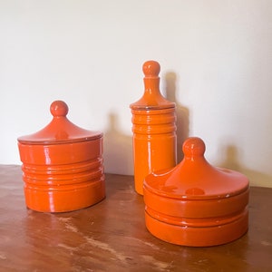 Vintage Mid Century Orange Pottery Apothecary Jars Italy & Canada