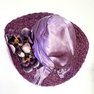Antique Edwardian Purple Silk Woven Hat W/Velvet Pansy’s