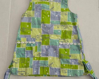 Vintage Toddler Baby Girl Lilly Pulitzer Shift Dress Patchwor Green Blue Fish 2T