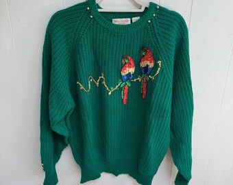 Vintage Huntington Ridge Green Sweater Sequined Appliqué Parrot Bird Size Large