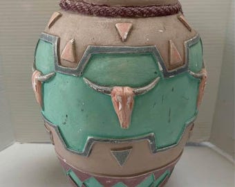 Vintage Mexico Santa Fe Southwestern Style Planter Native American Pot Pottery Aztec Pastel Bull Horns