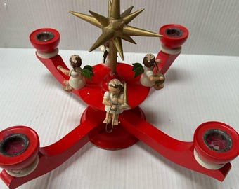 VTG Advent Candle Holder Christmas Candelabra German Wooden Angels Erzgebirge