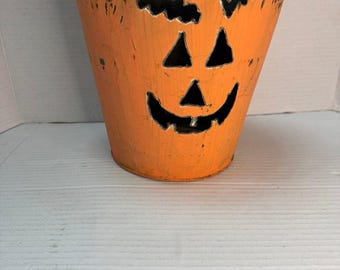 Vintage Halloween Jack-O-Lantern Decorative Metal Bucket Handmade Planter