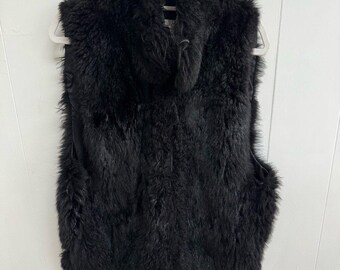 Women's Large Andrew Marc Opossum Fur Leather Collar Full Zip Up Vest Black Vtg