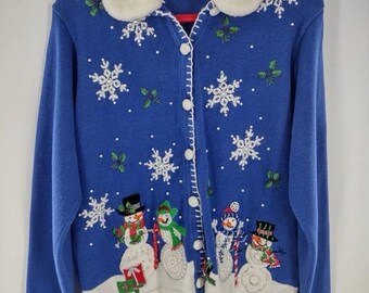 Vintage Victoria Jones Christmas Winter Sweater Women's Size Small Snowmen Snowflakes