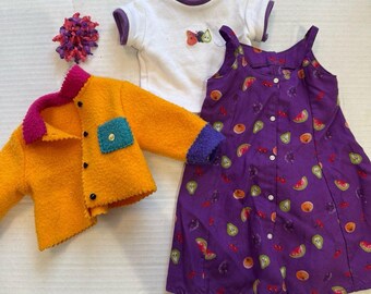 VTG American Girl Pleasant Company LAWN PARTY Birthday Outfit 1st First Day Fruit Top Scrunchie Jacket Shirt Dress