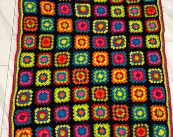 Black Vintage Multicolor Granny Square Small Crocheted Blanket Handmade Vintage
