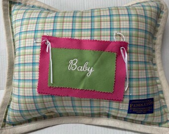 VTG Pendleton Baby Pillow Handmade Plaid Wool Blue Green Pink