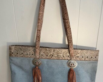 Vintage Neiman Marcus Denim Western Tote Shoulder Bag Purse Concho Tassel Fringe