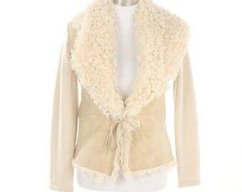Vintage VTG Oscar de la Renta Petites Wool REAL Shearling Knit Jacket Cardigan Sweater Petite White Beige