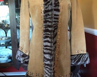 VTG Vintage 70s Suede Shearling Faux Fur Coat Jeweled Trim Zebra Penny Lane Afghan Size 12 Large