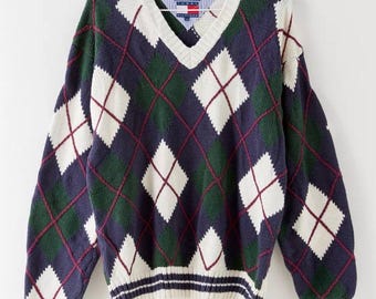 Vintage Tommy Hilfiger Argyle Heavyweight Cotton Knitted Sweater Size XL