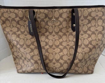 Vintage Coach City Tote Signature Leather Canvas Tote 5696 Shoulder Bag Purse Brown