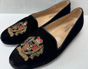 Jon Josef Black Velvet Gatsby Shield Emblem Leather Loafers Flats Shoes Size 7.5
