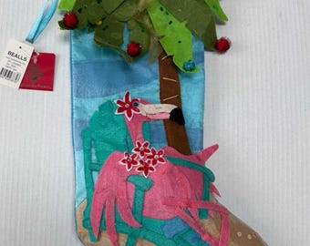 BEALLS Tropical Pink Flamingo Christmas Stocking 3D Beach Decor Appliquéd 19x11 in
