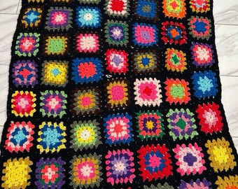 Vintage Vtg Crochet Granny Squares Bright Art Blanket Square Throw Bed Couch Sofa Hand Made Colorful
